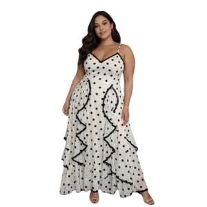 En Saison Ivory Black Polka Dot Maxi Dress L Ruffle Hem Lace Trim NWT Romantic